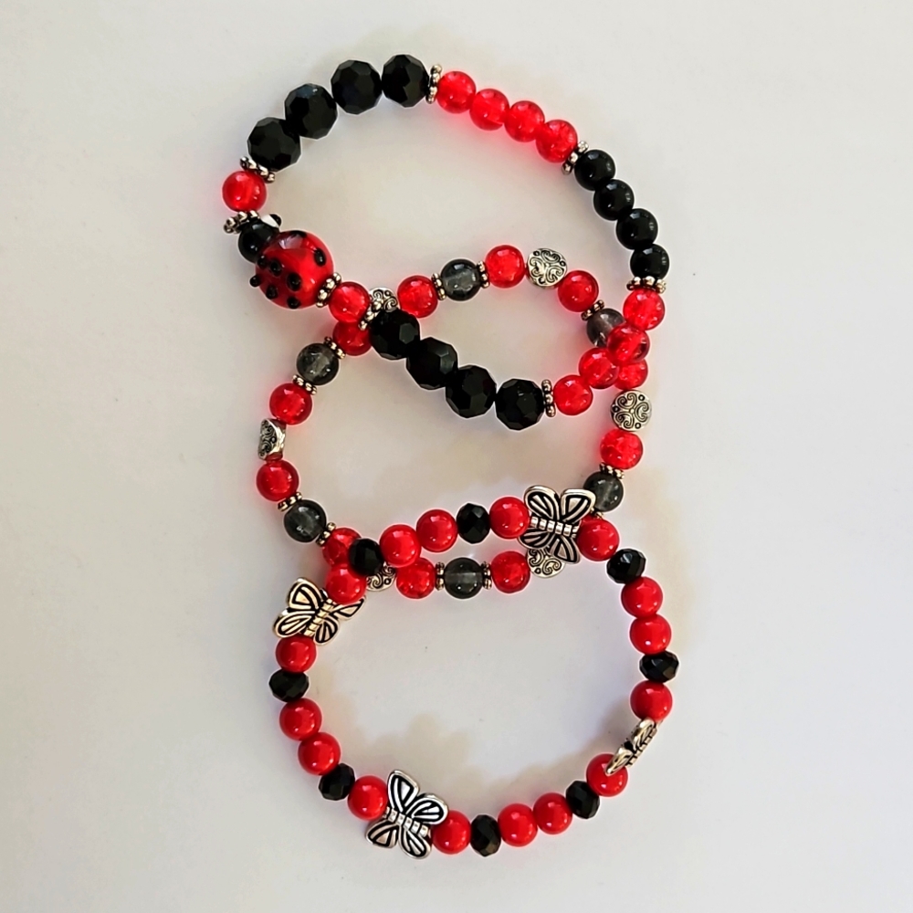 3 red glass bead stretchy bracelets